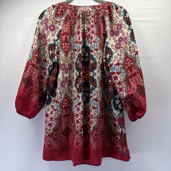 Fig and Flower Womens Top Plus 1X Colorful Tunic Semi Sheer Puff Sleeve Bohemian - Picture 7 of 9